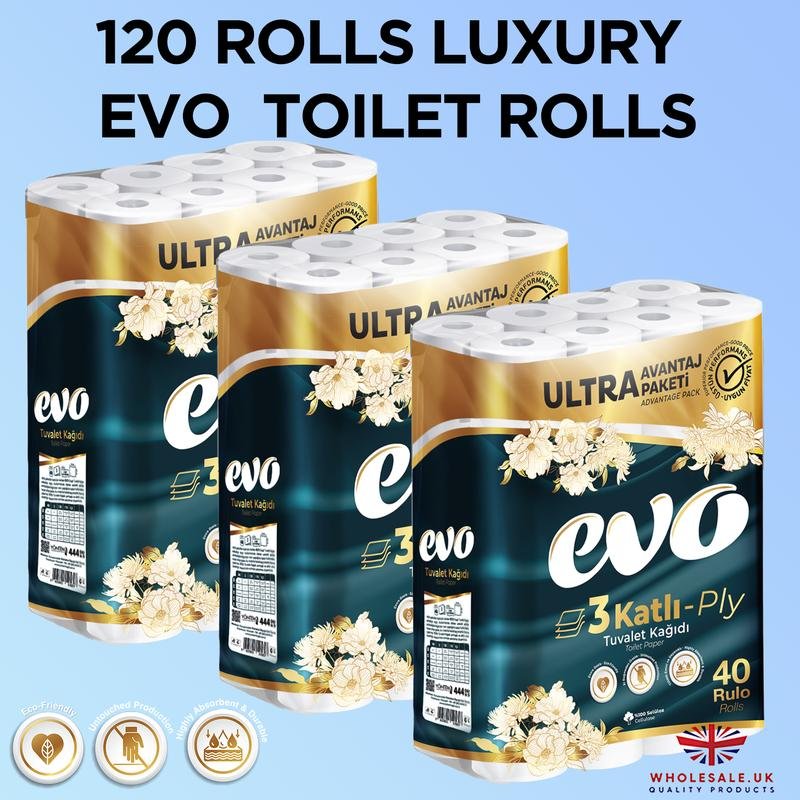120x Luxury Evo Toilet Rolls 3ply, Ultra AdvantagePack, Degradable and Recyclable Wipes Set PackDisposable